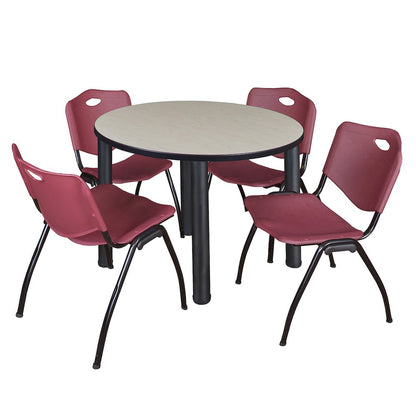 36 in Round Breakroom Table- Maple Top, Black Legs, 4 M Stack Chairs- Burgundy