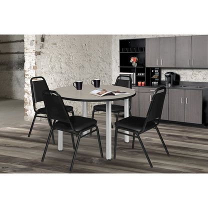 36 in Round Breakroom Table- Maple Top, Chrome Legs, 4 Restaurant Stack Chairs