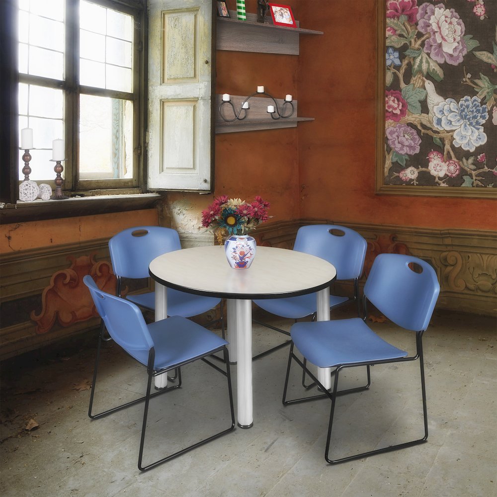 36 in Round Breakroom Table- Maple Top, Chrome Legs, 4 Zeng Stack Chairs- Blue