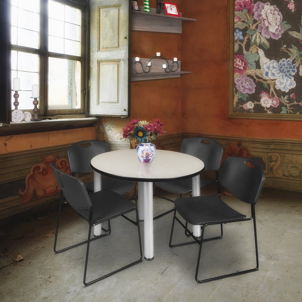 36 in Round Breakroom Table- Maple Top, Chrome Legs, 4 Zeng Stack Chairs- Black
