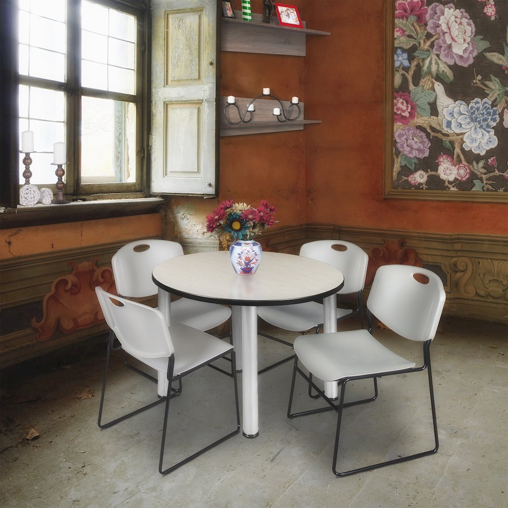 36 in Round Breakroom Table- Maple Top, Chrome Legs, 4 Zeng Stack Chairs- Grey