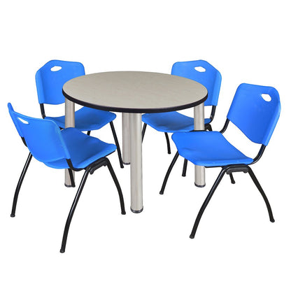 36 in Round Breakroom Table- Maple Top, Chrome Legs, 4 M Stack Chairs- Blue
