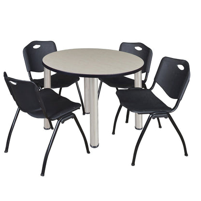 36 in Round Breakroom Table- Maple Top, Chrome Legs, 4 M Stack Chairs- Black