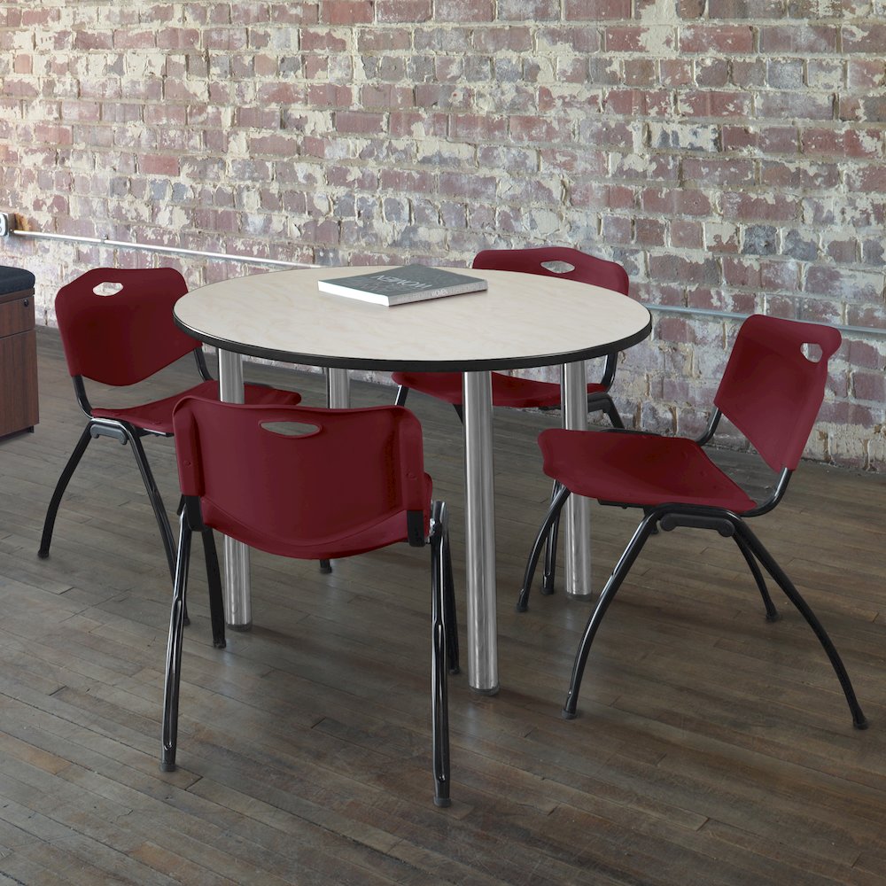 36 in Round Breakroom Table- Maple Top, Chrome Legs, 4 M Stack Chairs- Burgundy