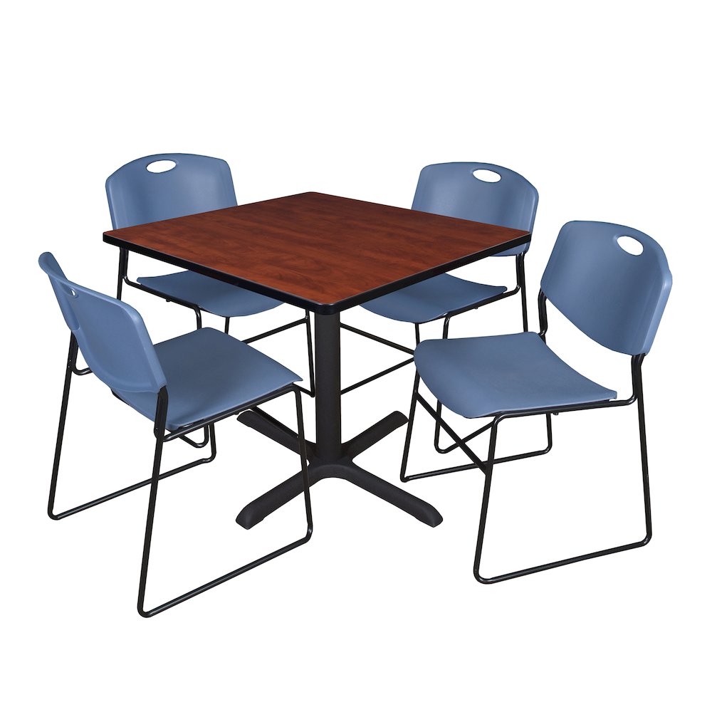 42 in. Square X-Base Breakroom Table- Cherry & 4 Zeng Stack Chairs- Blue