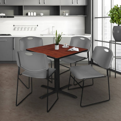 42 in. Square X-Base Breakroom Table- Cherry & 4 Zeng Stack Chairs- Grey