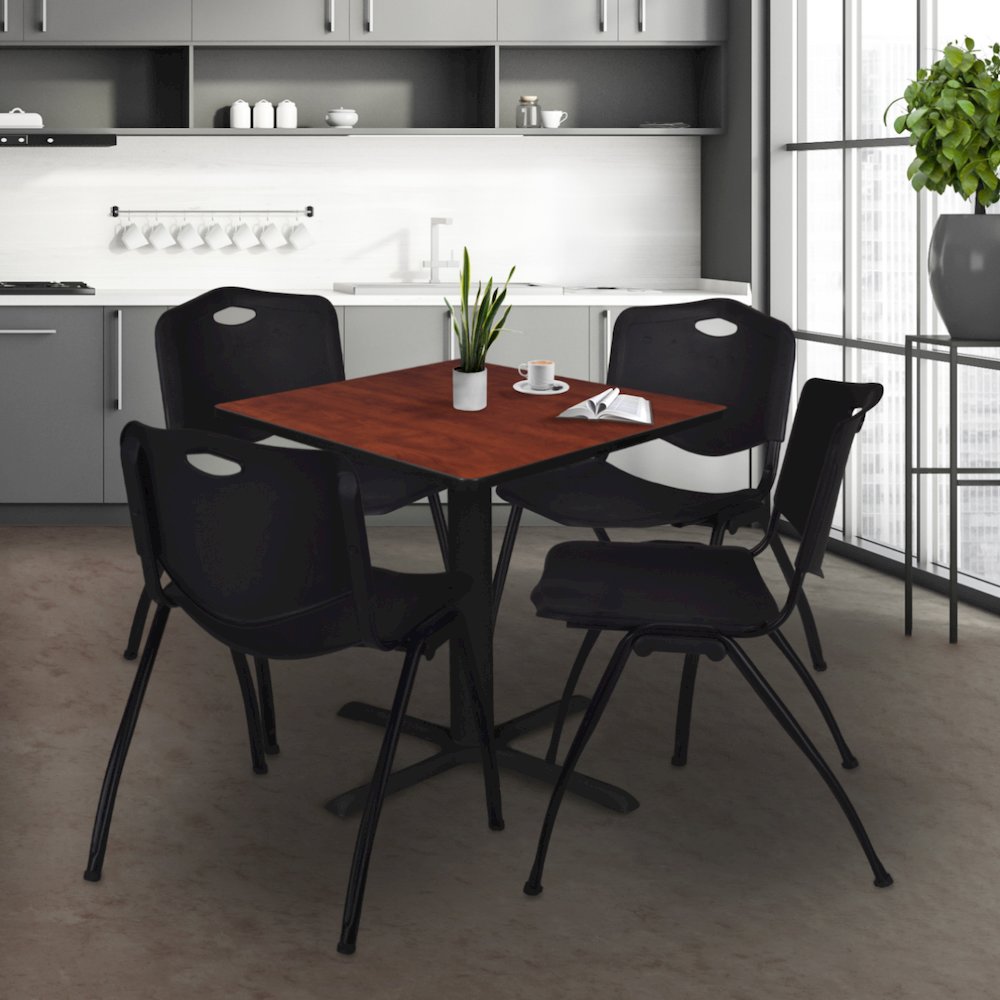 42 in. Square X-Base Breakroom Table- Cherry & 4 M Stack Chairs- Black