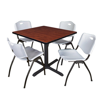42 in. Square X-Base Breakroom Table- Cherry & 4 M Stack Chairs- Grey