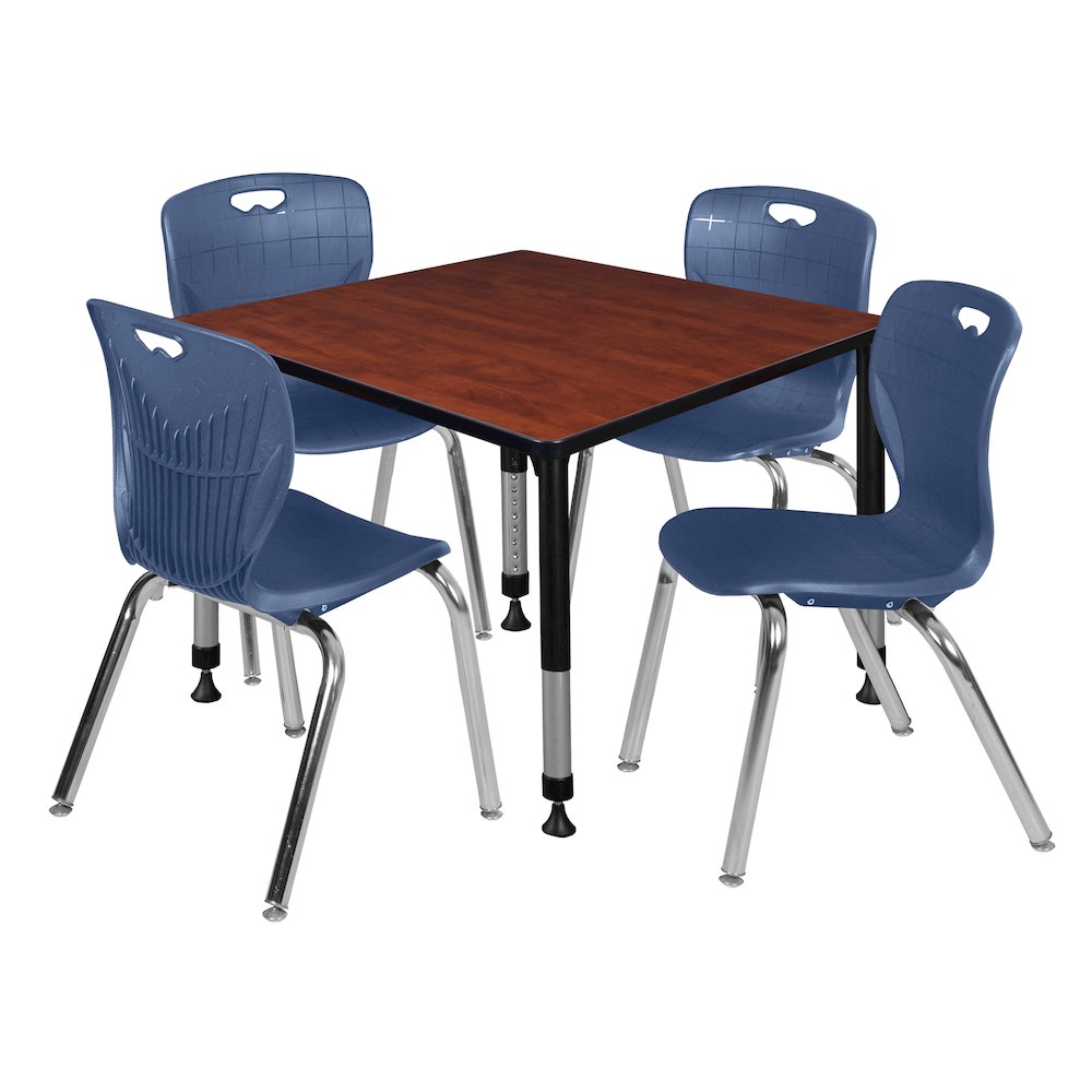 42 Square Adjustable Classroom Table- Cherry & 4 Andy 18 Stack Chairs- Blue