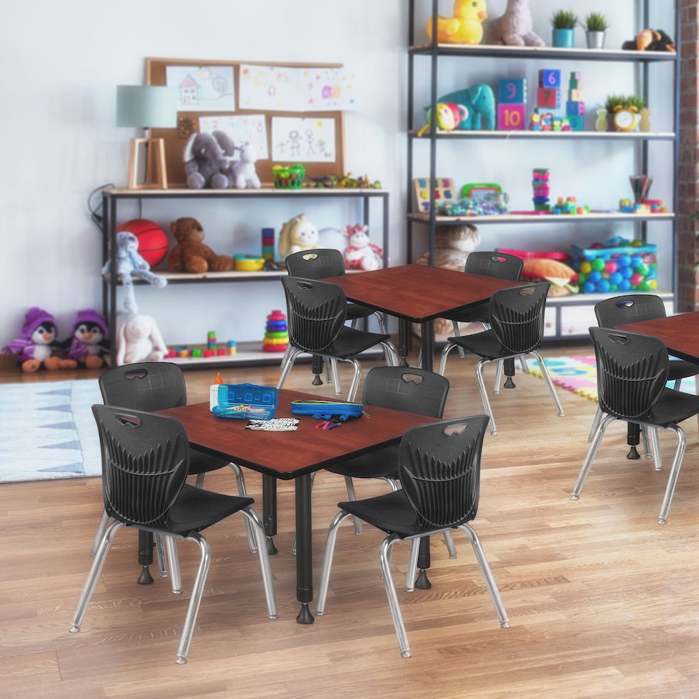 42 Square Adjustable Classroom Table- Cherry & 4 Andy 12 Stack Chairs- Black