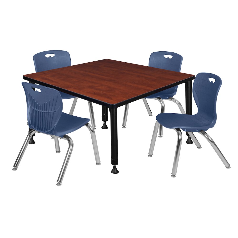 42 Square Adjustable Classroom Table- Cherry & 4 Andy 12 Stack Chairs- Blue
