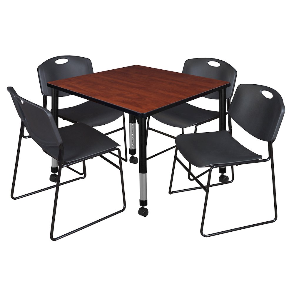42 Square Mobile Adjustable Classroom Table- Cherry & 4 Zeng Stack Chairs- Black
