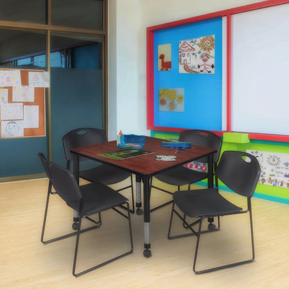 42 Square Mobile Adjustable Classroom Table- Cherry & 4 Zeng Stack Chairs- Black