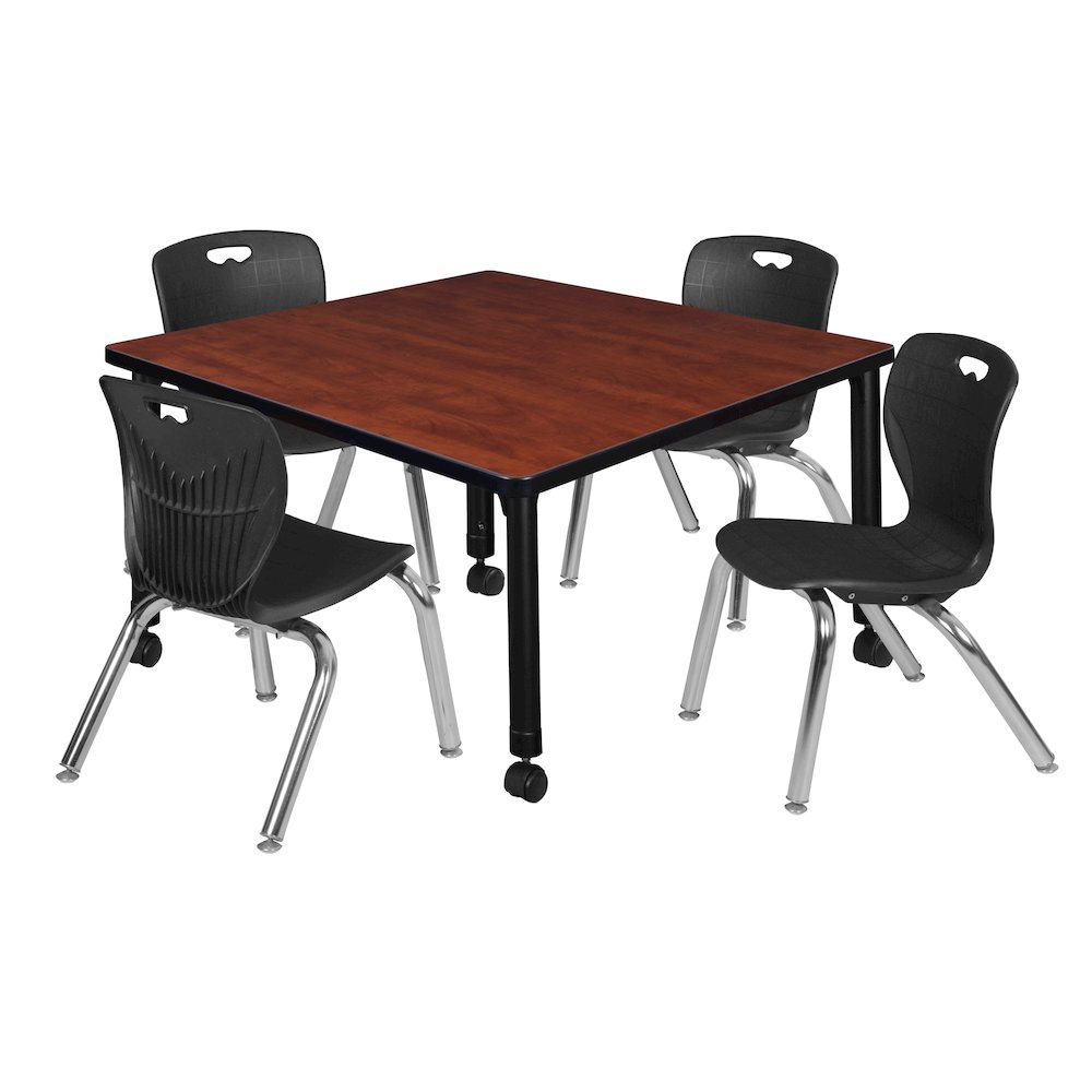 42 Square Mobile Classroom Table- Cherry & 4 Andy 12 Stack Chairs- Black