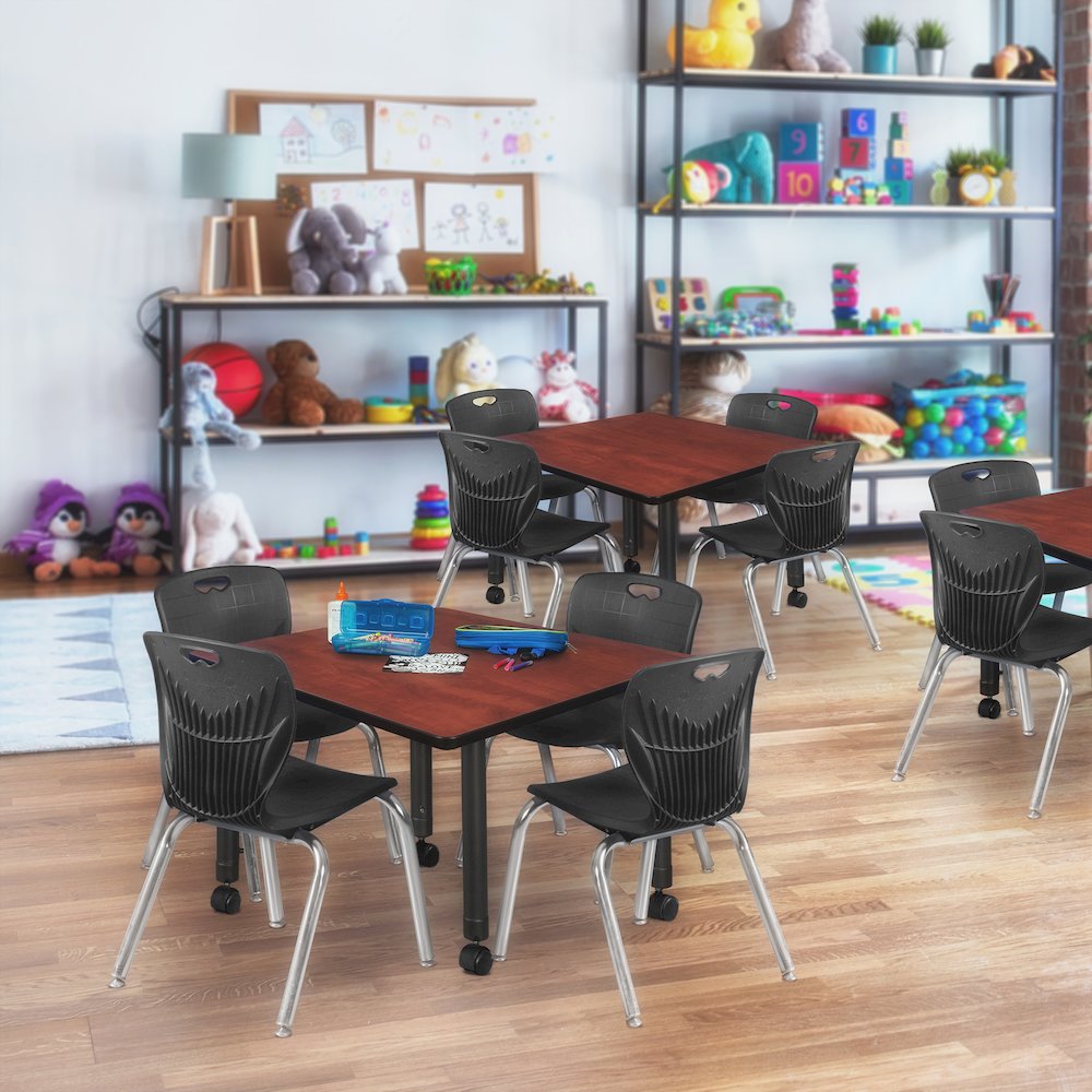 42 Square Mobile Classroom Table- Cherry & 4 Andy 12 Stack Chairs- Black