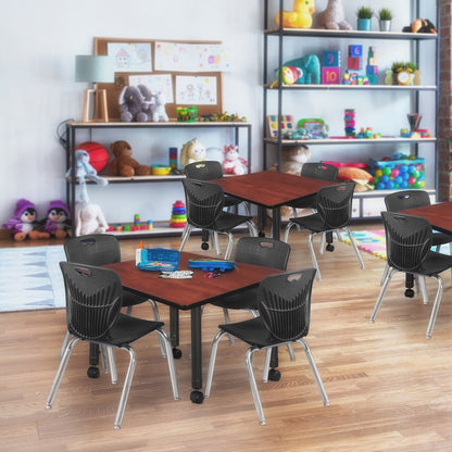 42 Square Mobile Classroom Table- Cherry & 4 Andy 12 Stack Chairs- Black
