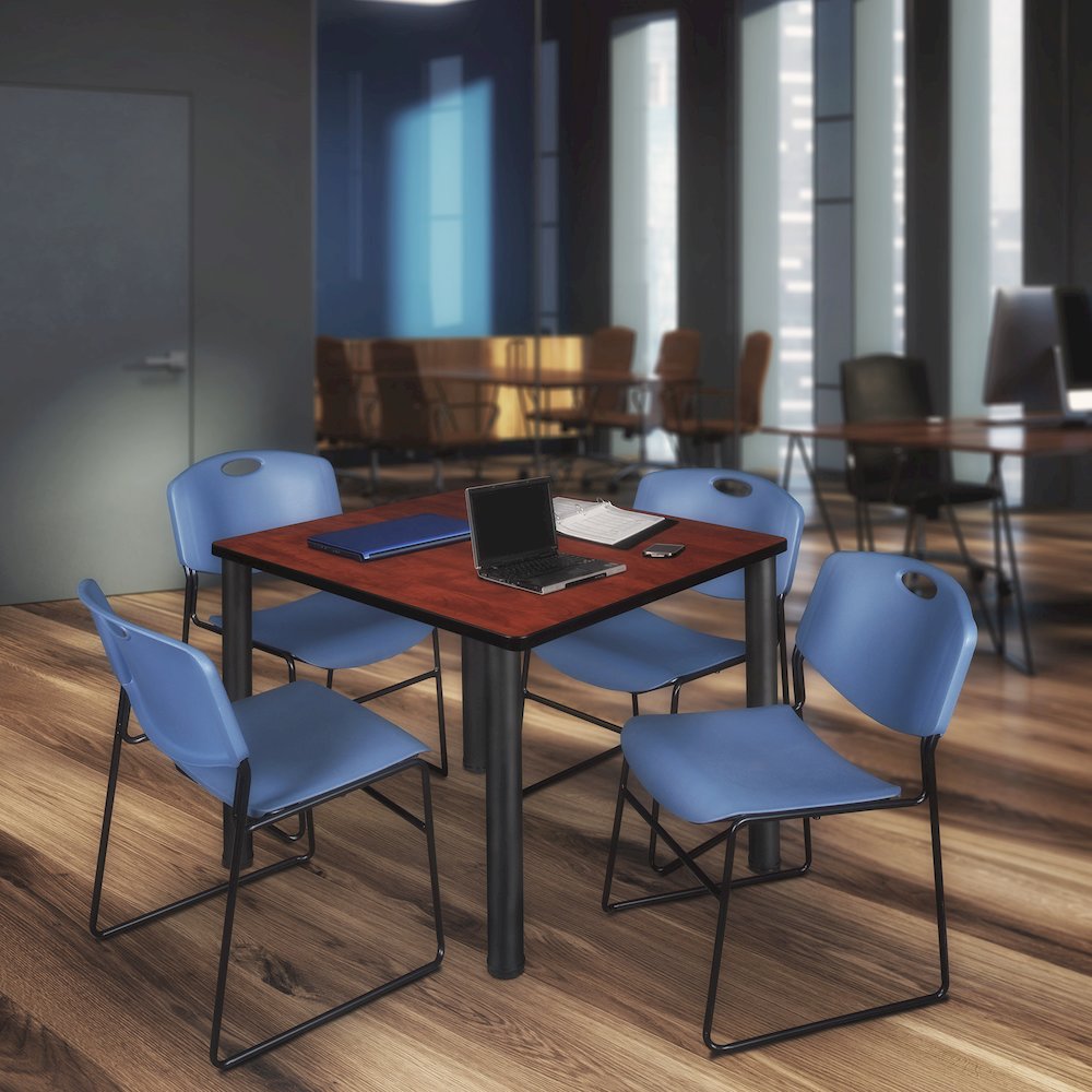 42 in Square Breakroom Table- Cherry Top, Black Legs, 4 Zeng Stack Chairs- Blue