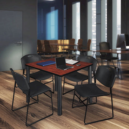 42 in Square Breakroom Table- Cherry Top, Black Legs, 4 Zeng Stack Chairs- Black