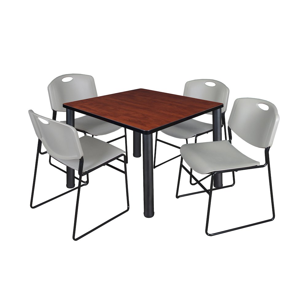 42 in Square Breakroom Table- Cherry Top, Black Legs, 4 Zeng Stack Chairs- Grey