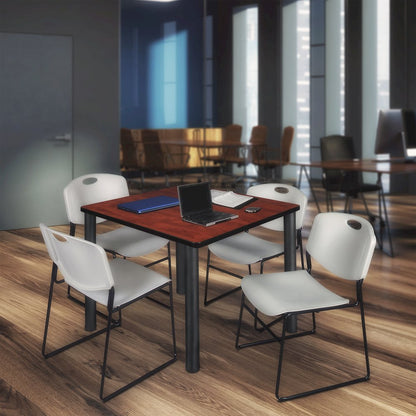 42 in Square Breakroom Table- Cherry Top, Black Legs, 4 Zeng Stack Chairs- Grey