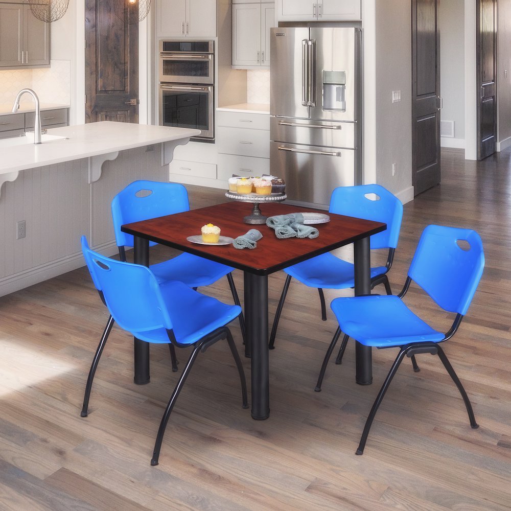 42 in Square Breakroom Table- Cherry Top, Black Legs, 4 M Stack Chairs- Blue