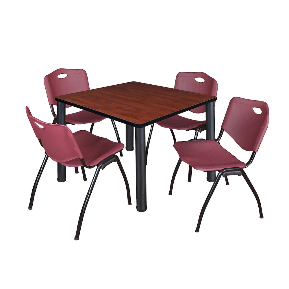 42 in Square Breakroom Table- Cherry Top, Black Legs, 4 M Stack Chairs- Burgundy