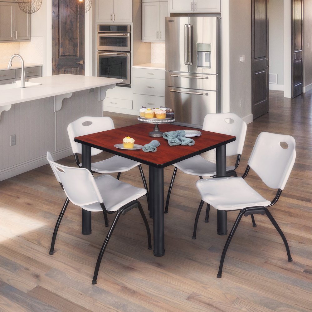 42 in Square Breakroom Table- Cherry Top, Black Legs, 4 M Stack Chairs- Grey