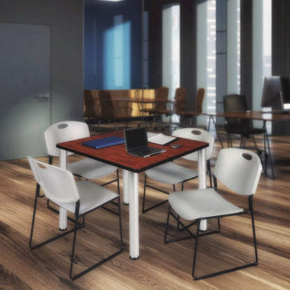 42 in Square Breakroom Table- Cherry Top, Chrome Legs, 4 Zeng Stack Chairs- Grey
