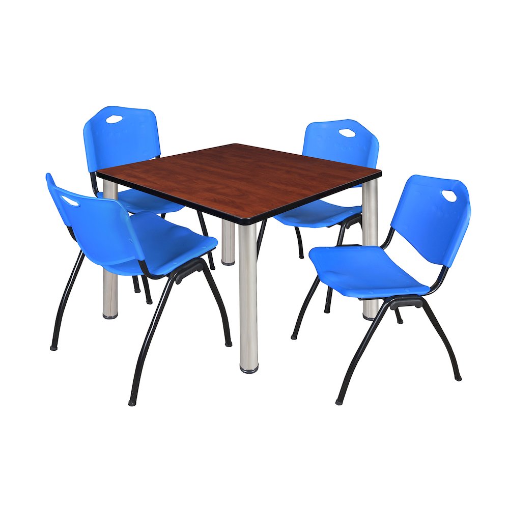 42 in Square Breakroom Table- Cherry Top, Chrome Legs, 4 M Stack Chairs- Blue