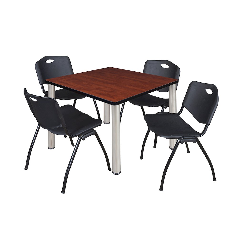 42 in Square Breakroom Table- Cherry Top, Chrome Legs, 4 M Stack Chairs- Black