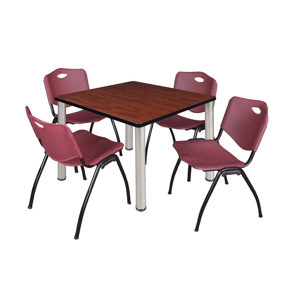 42 Square Breakroom Table- Cherry Top, Chrome Legs, 4 M Stack Chairs- Burgundy