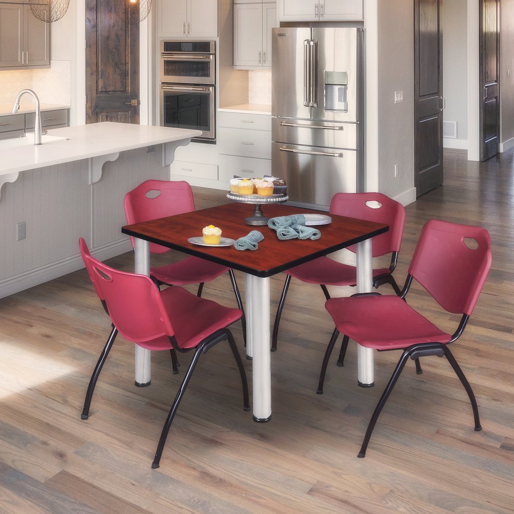 42 Square Breakroom Table- Cherry Top, Chrome Legs, 4 M Stack Chairs- Burgundy