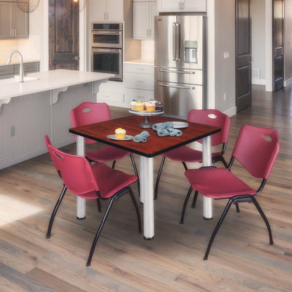 42 Square Breakroom Table- Cherry Top, Chrome Legs, 4 M Stack Chairs- Burgundy