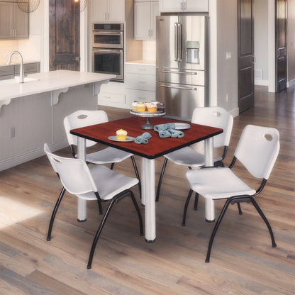 42 in Square Breakroom Table- Cherry Top, Chrome Legs, 4 M Stack Chairs- Grey