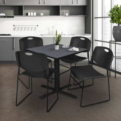 42 in. Square X-Base Breakroom Table- Grey & 4 Zeng Stack Chairs- Black