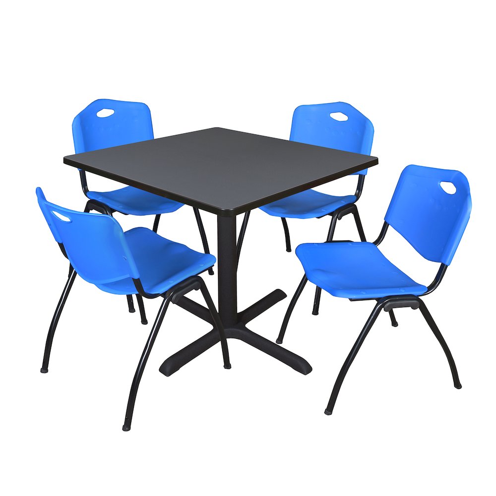 42 in. Square X-Base Breakroom Table- Grey & 4 M Stack Chairs- Blue
