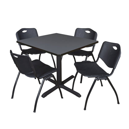 42 in. Square X-Base Breakroom Table- Grey & 4 M Stack Chairs- Black
