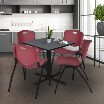 42 in. Square X-Base Breakroom Table- Grey & 4 M Stack Chairs- Burgundy