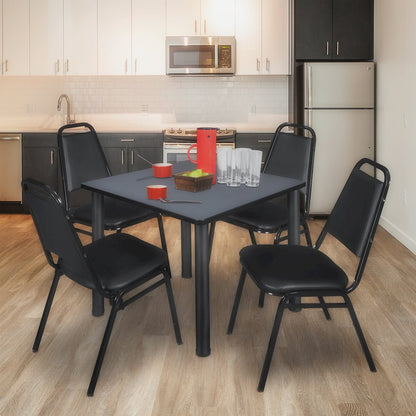 42 in Square Breakroom Table- Grey Top, Black Legs, 4 Restaurant Stack Chairs