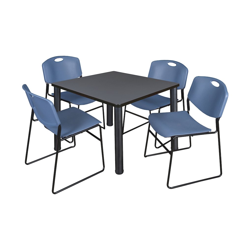 42 in Square Breakroom Table- Grey Top, Black Legs, 4 Zeng Stack Chairs- Blue