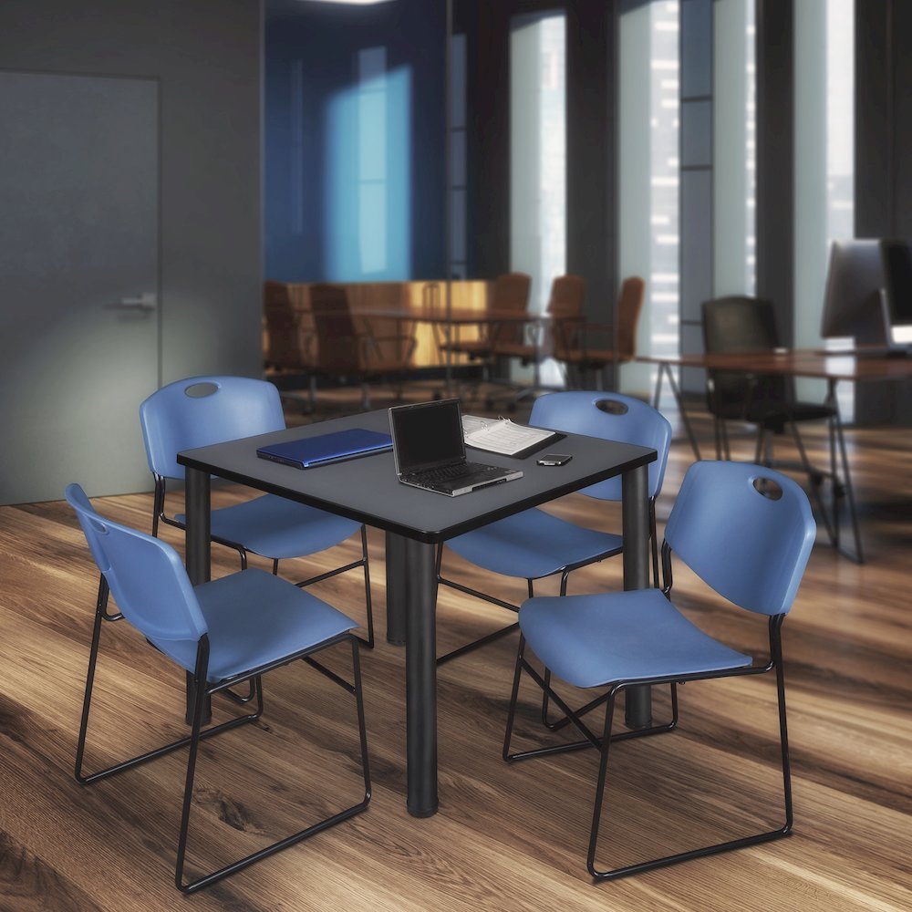 42 in Square Breakroom Table- Grey Top, Black Legs, 4 Zeng Stack Chairs- Blue