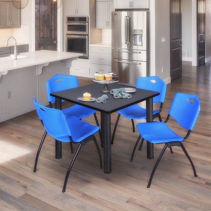 42 in Square Breakroom Table- Grey Top, Black Legs, 4 M Stack Chairs- Blue