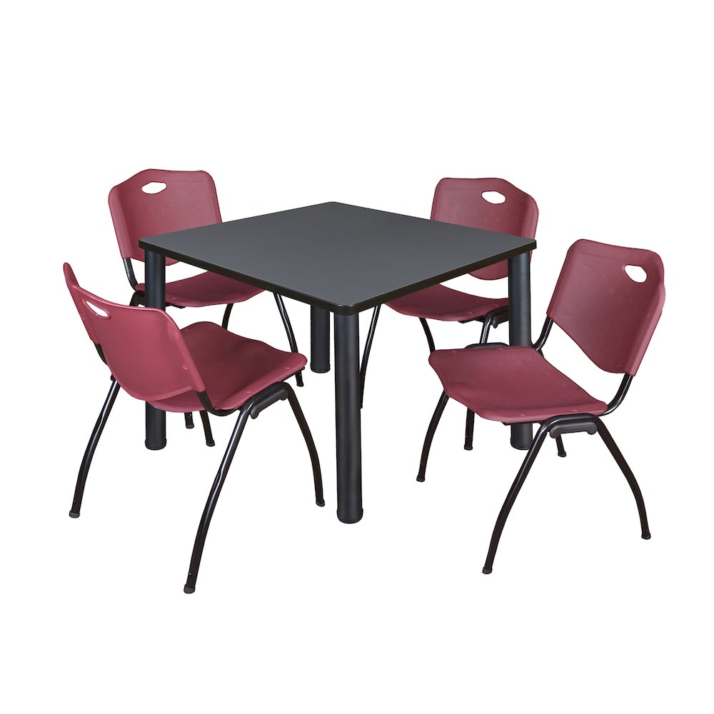 42 in Square Breakroom Table- Grey Top, Black Legs, 4 M Stack Chairs- Burgundy