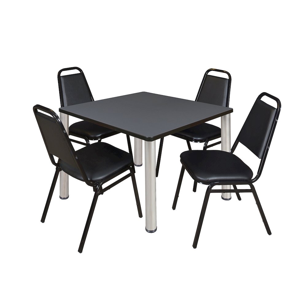 42 in Square Breakroom Table- Grey Top, Chrome Legs, 4 Restaurant Stack Chairs