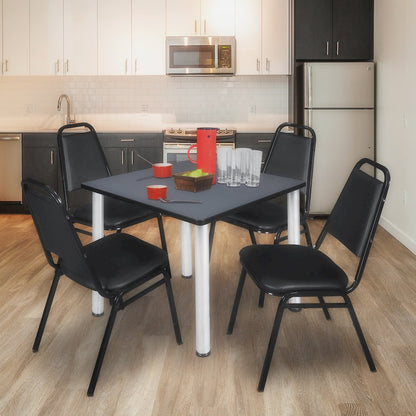 42 in Square Breakroom Table- Grey Top, Chrome Legs, 4 Restaurant Stack Chairs