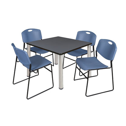 42 in Square Breakroom Table- Grey Top, Chrome Legs, 4 Zeng Stack Chairs- Blue