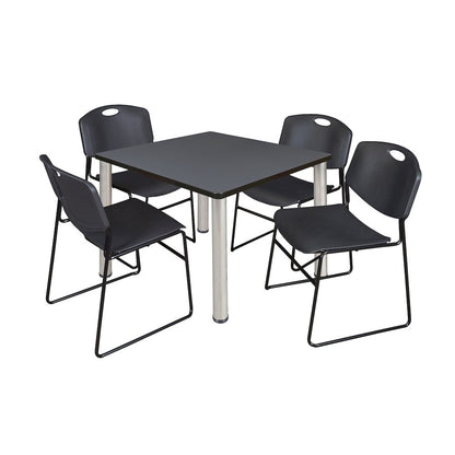 42 in Square Breakroom Table- Grey Top, Chrome Legs, 4 Zeng Stack Chairs- Black