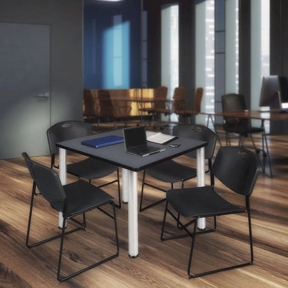42 in Square Breakroom Table- Grey Top, Chrome Legs, 4 Zeng Stack Chairs- Black