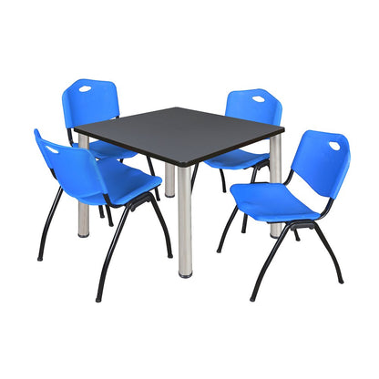 42 in Square Breakroom Table- Grey Top, Chrome Legs, 4 M Stack Chairs- Blue