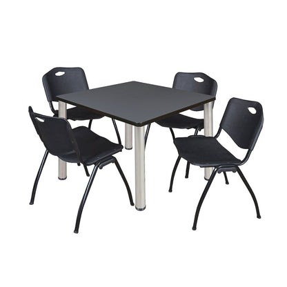 42 in Square Breakroom Table- Grey Top, Chrome Legs, 4 M Stack Chairs- Black
